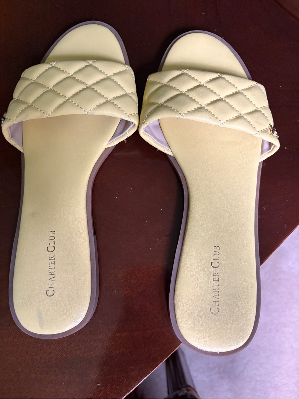 Charter Club Quilted Slide Sandals in Light Yellow with Brown Trim